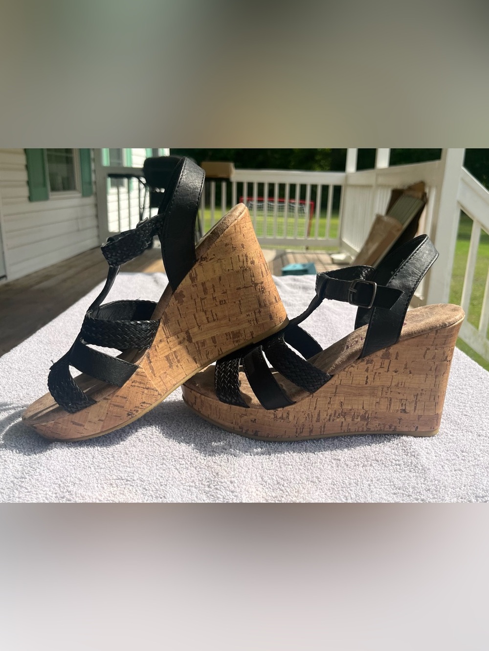Black Cork Wedge Sandals with Braided Straps - Women